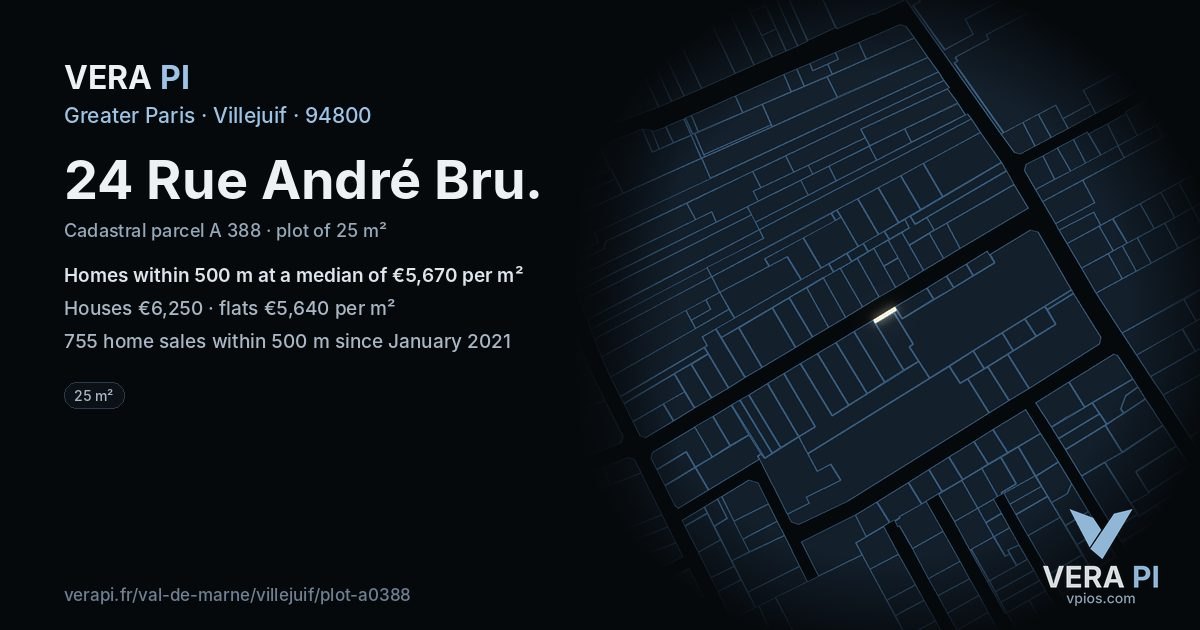 24 Rue André Bru, Villejuif at night – the plot lit, the parcels around coloured by the prices near them