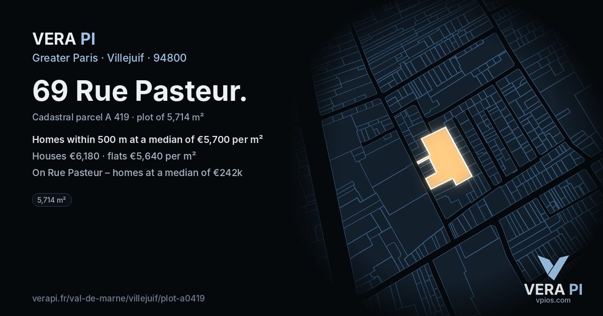 69 Rue Pasteur, Villejuif at night – the plot lit, the parcels around coloured by the prices near them