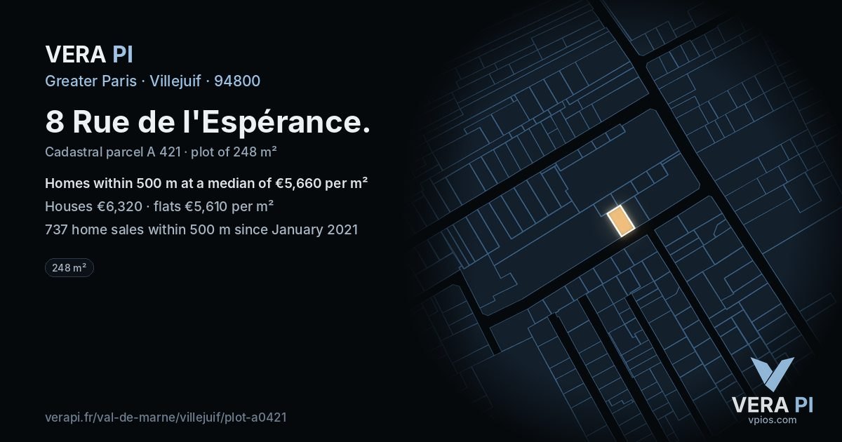 8 Rue de l'Espérance, Villejuif at night – the plot lit, the parcels around coloured by the prices near them