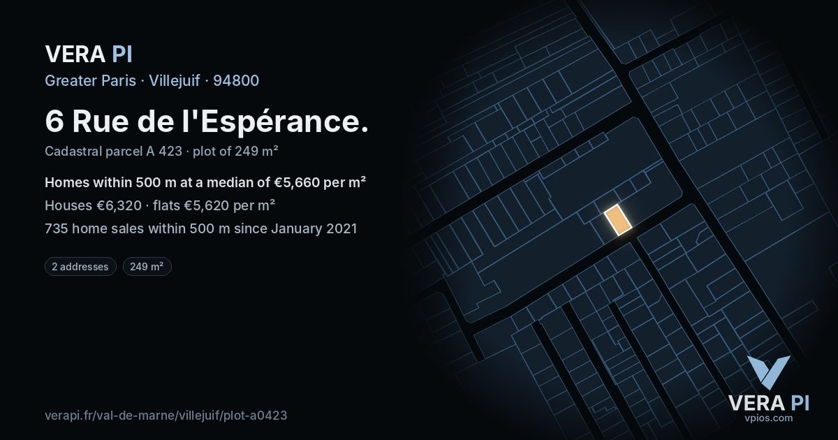 6 Rue de l'Espérance, Villejuif at night – the plot lit, the parcels around coloured by the prices near them