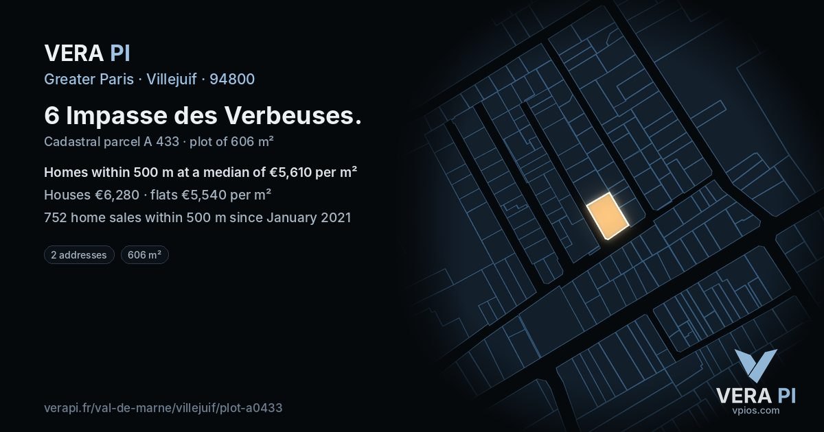 6 Impasse des Verbeuses, Villejuif at night – the plot lit, the parcels around coloured by the prices near them