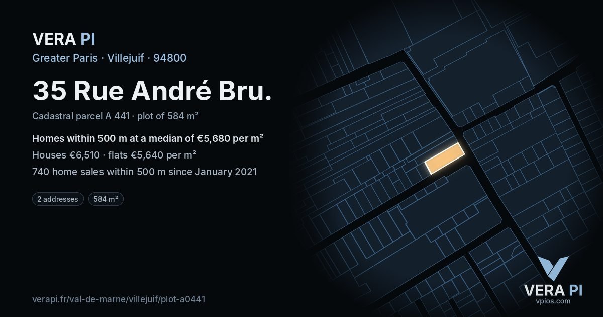 35 Rue André Bru, Villejuif at night – the plot lit, the parcels around coloured by the prices near them