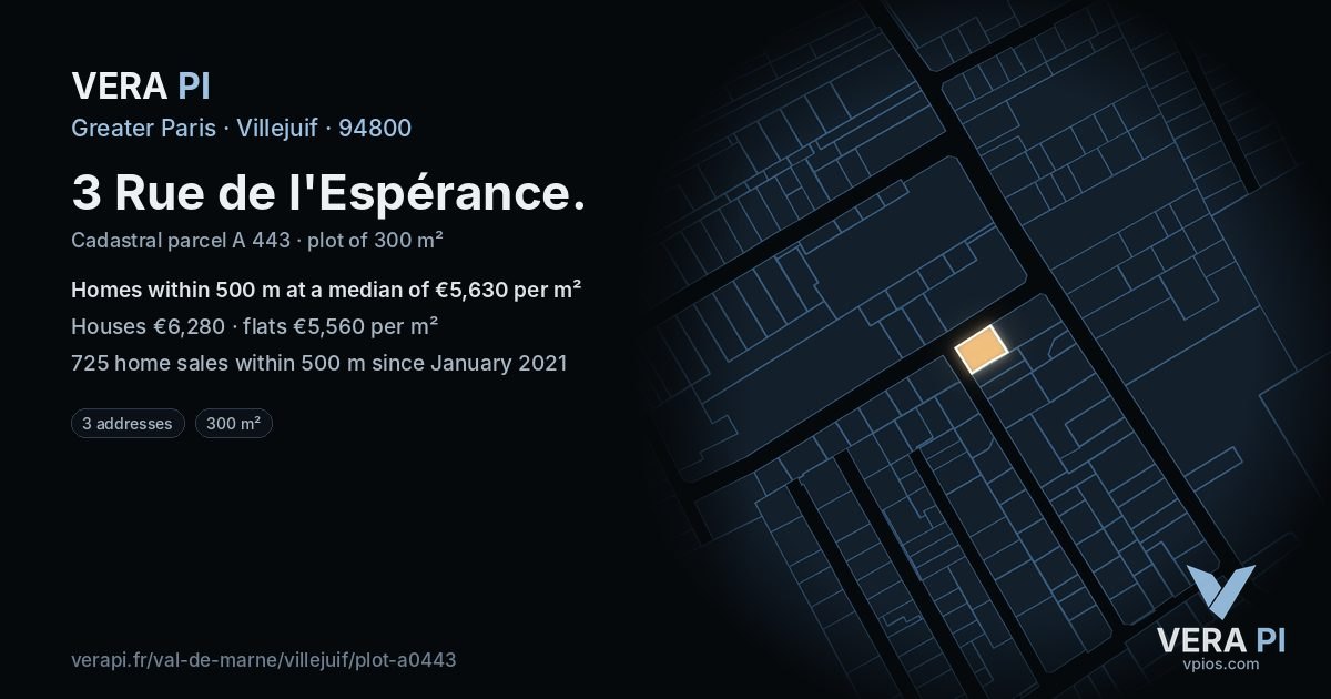 3 Rue de l'Espérance, Villejuif at night – the plot lit, the parcels around coloured by the prices near them