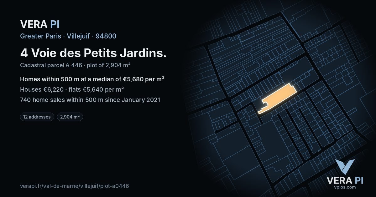 4 Voie des Petits Jardins, Villejuif at night – the plot lit, the parcels around coloured by the prices near them