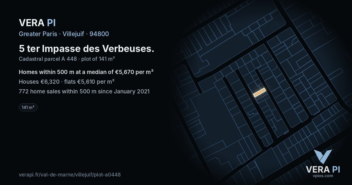 5 ter Impasse des Verbeuses, Villejuif at night – the plot lit, the parcels around coloured by the prices near them