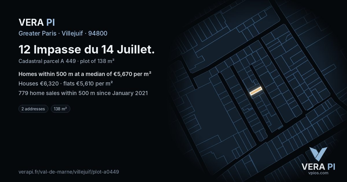 12 Impasse du 14 Juillet, Villejuif at night – the plot lit, the parcels around coloured by the prices near them