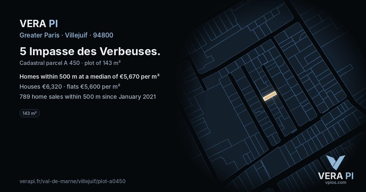 5 Impasse des Verbeuses, Villejuif at night – the plot lit, the parcels around coloured by the prices near them