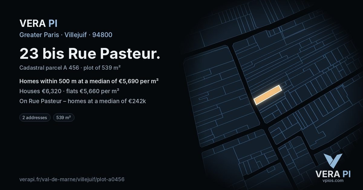 23 bis Rue Pasteur, Villejuif at night – the plot lit, the parcels around coloured by the prices near them