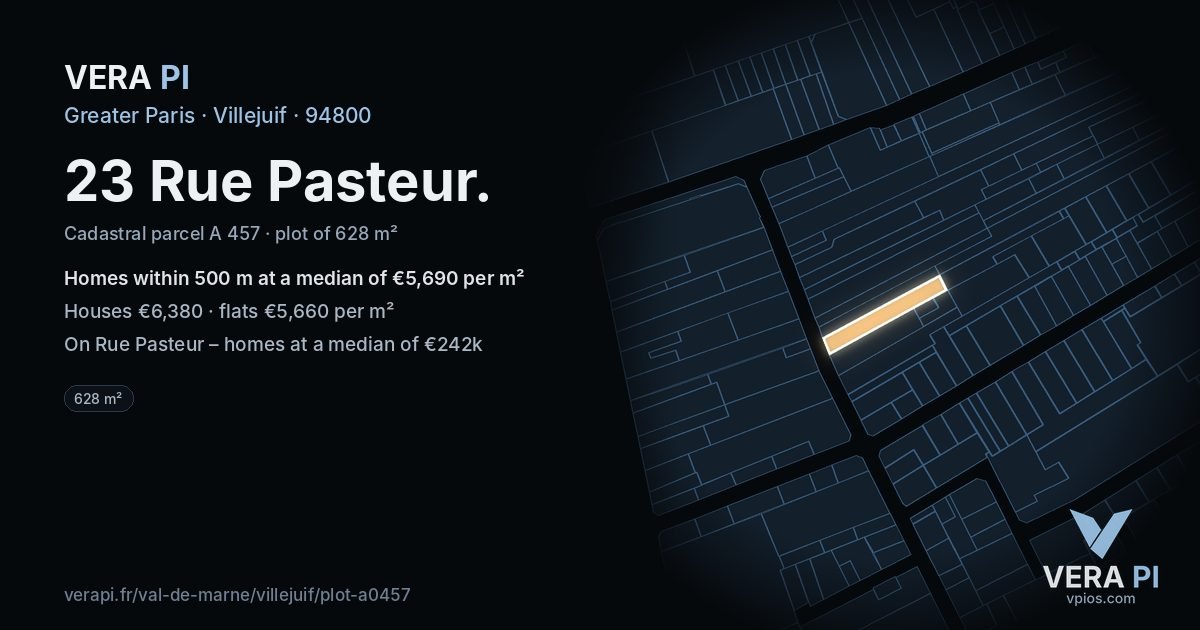 23 Rue Pasteur, Villejuif at night – the plot lit, the parcels around coloured by the prices near them