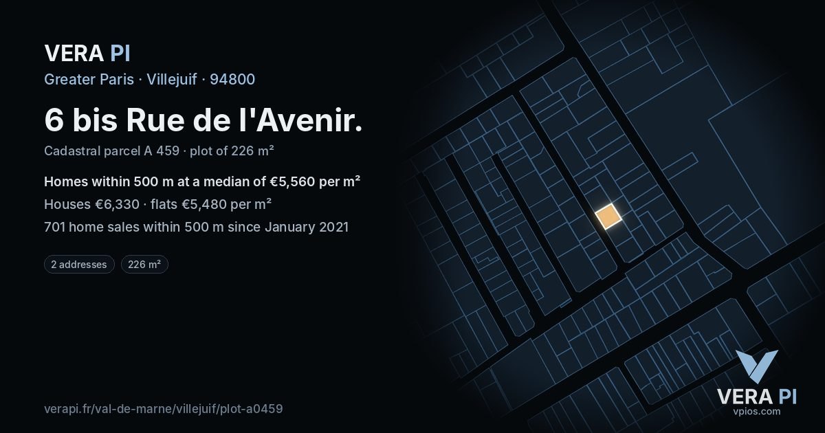 6 bis Rue de l'Avenir, Villejuif at night – the plot lit, the parcels around coloured by the prices near them