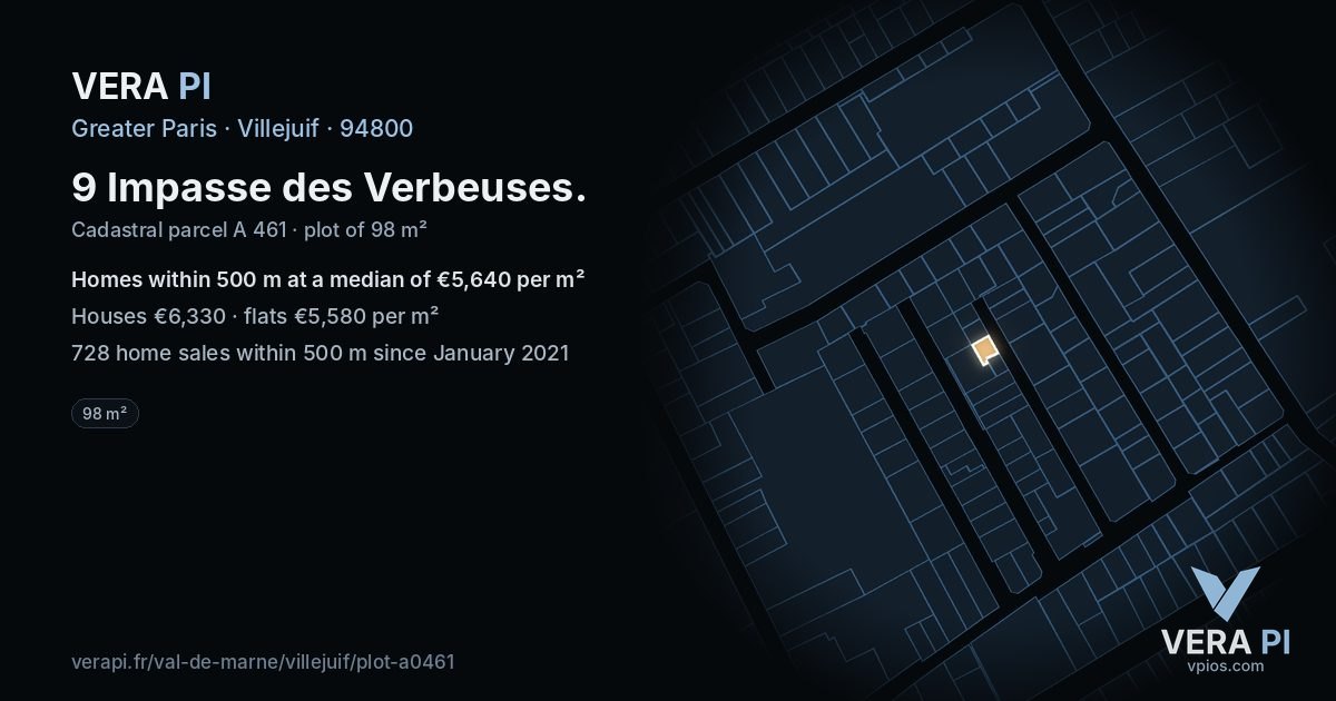 9 Impasse des Verbeuses, Villejuif at night – the plot lit, the parcels around coloured by the prices near them