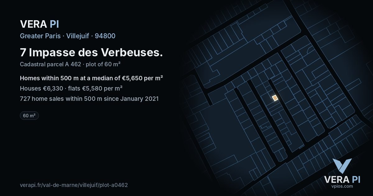 7 Impasse des Verbeuses, Villejuif at night – the plot lit, the parcels around coloured by the prices near them