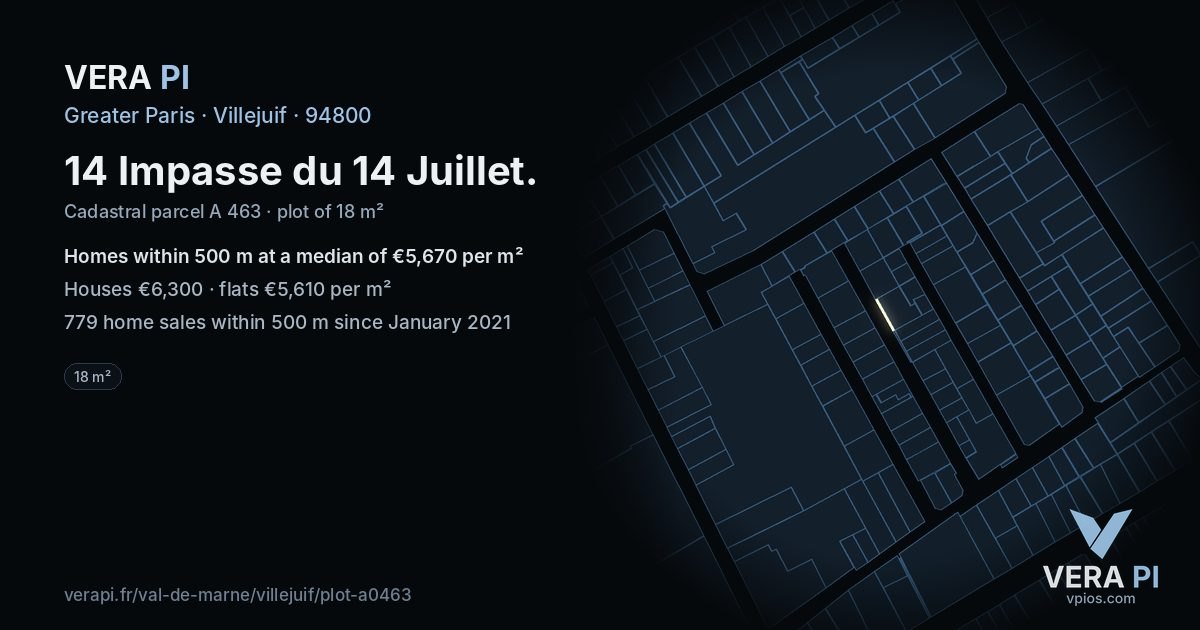 14 Impasse du 14 Juillet, Villejuif at night – the plot lit, the parcels around coloured by the prices near them