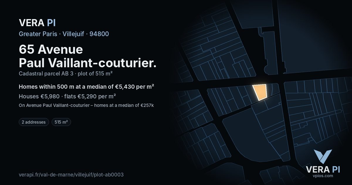 65 Avenue Paul Vaillant-couturier, Villejuif at night – the plot lit, the parcels around coloured by the prices near them