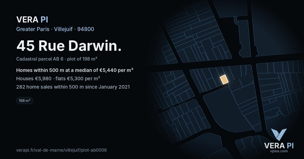 45 Rue Darwin, Villejuif at night – the plot lit, the parcels around coloured by the prices near them