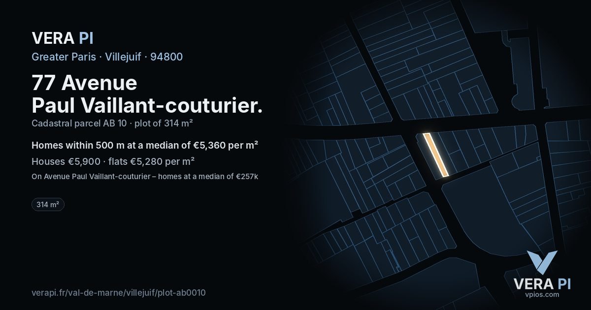77 Avenue Paul Vaillant-couturier, Villejuif at night – the plot lit, the parcels around coloured by the prices near them