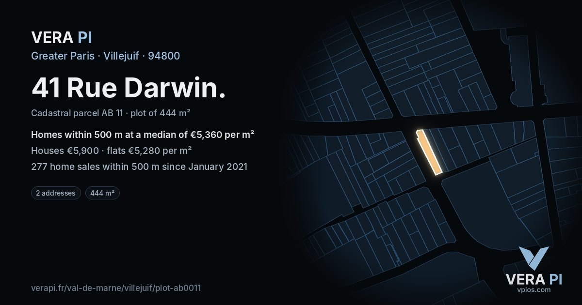 41 Rue Darwin, Villejuif at night – the plot lit, the parcels around coloured by the prices near them