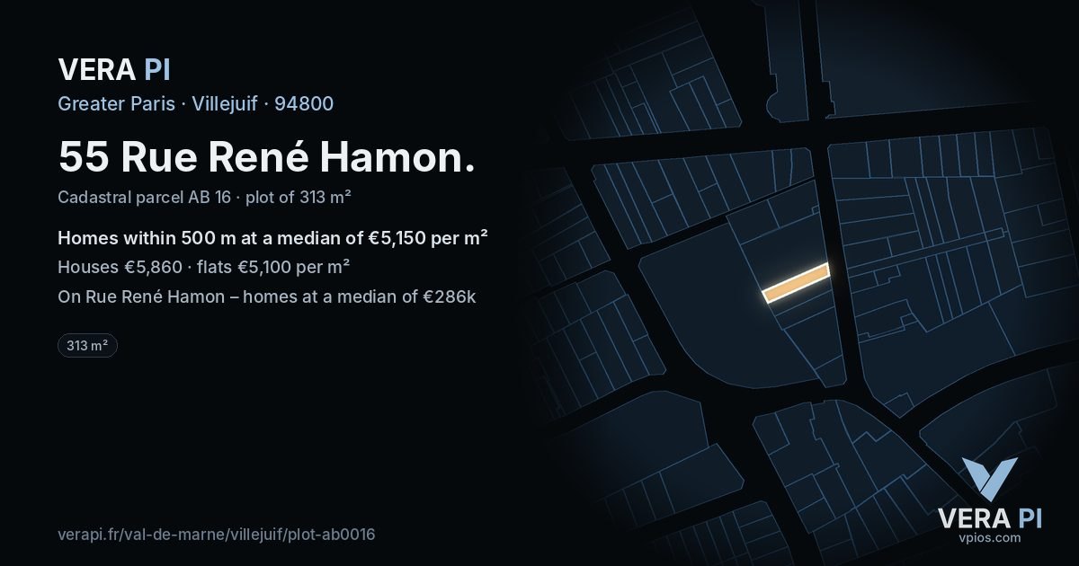 55 Rue René Hamon, Villejuif at night – the plot lit, the parcels around coloured by the prices near them