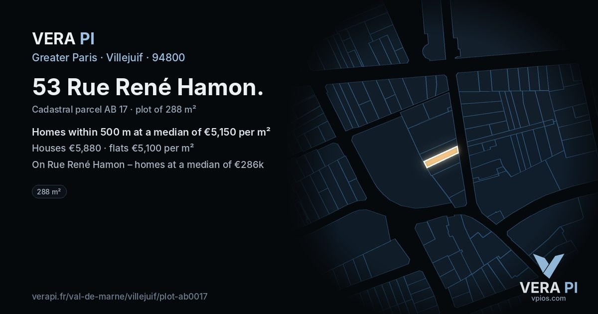 53 Rue René Hamon, Villejuif at night – the plot lit, the parcels around coloured by the prices near them