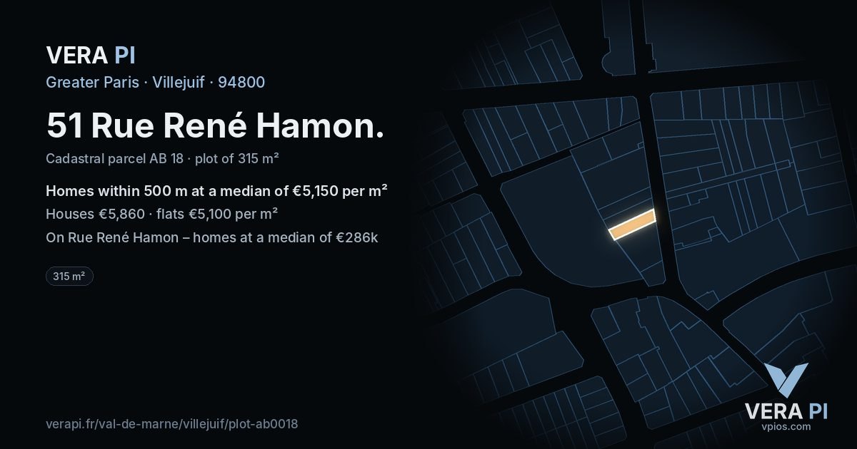 51 Rue René Hamon, Villejuif at night – the plot lit, the parcels around coloured by the prices near them
