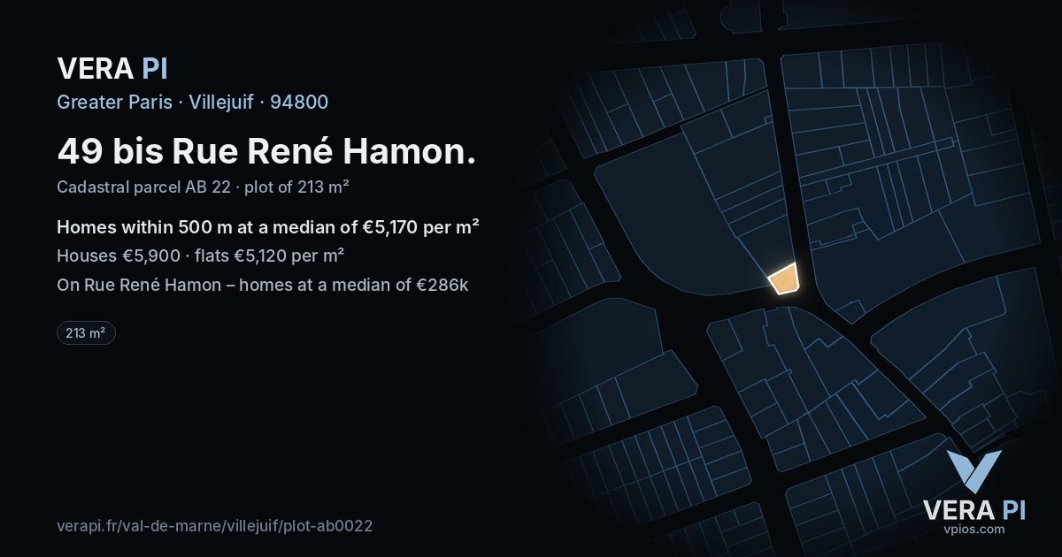 49 bis Rue René Hamon, Villejuif at night – the plot lit, the parcels around coloured by the prices near them