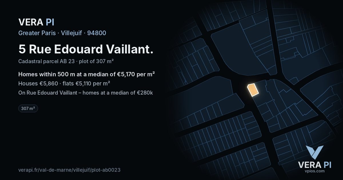 5 Rue Edouard Vaillant, Villejuif at night – the plot lit, the parcels around coloured by the prices near them