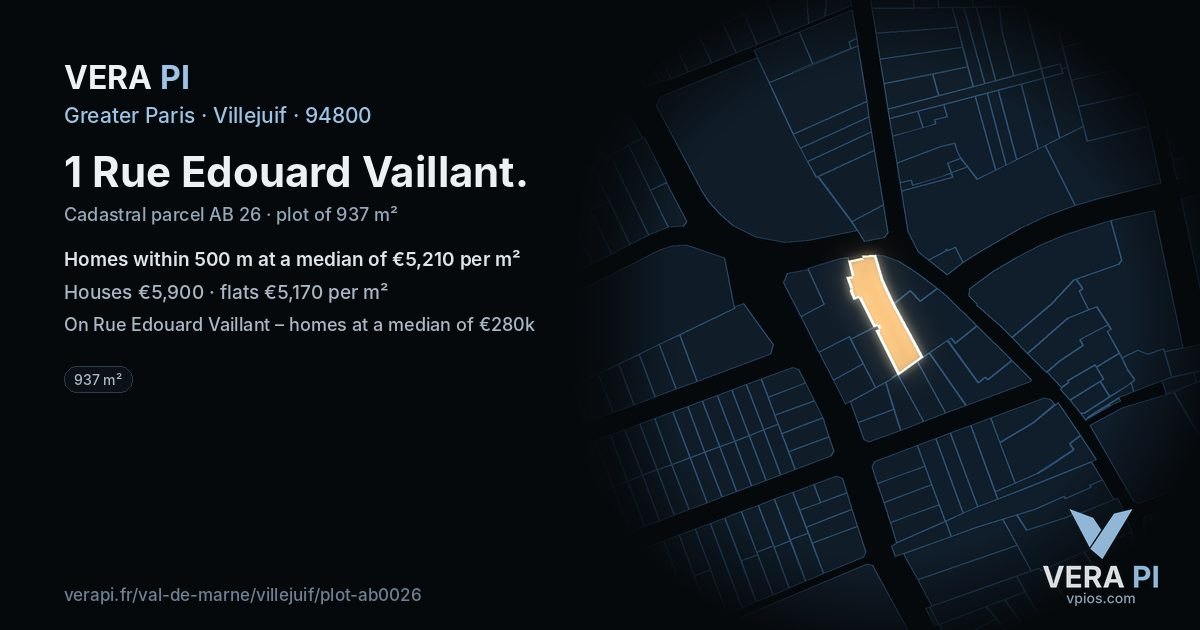 1 Rue Edouard Vaillant, Villejuif at night – the plot lit, the parcels around coloured by the prices near them