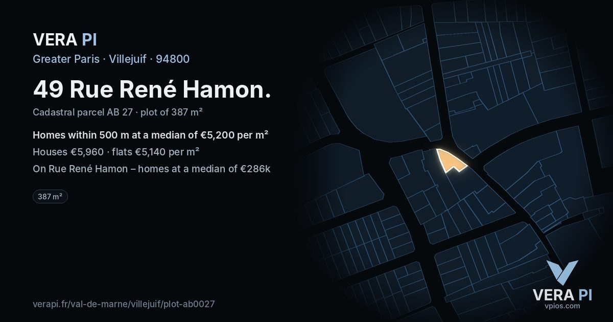 49 Rue René Hamon, Villejuif at night – the plot lit, the parcels around coloured by the prices near them