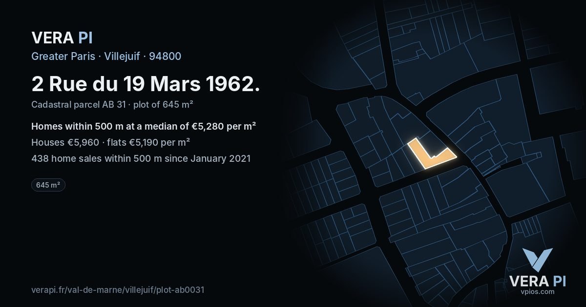 2 Rue du 19 Mars 1962, Villejuif at night – the plot lit, the parcels around coloured by the prices near them