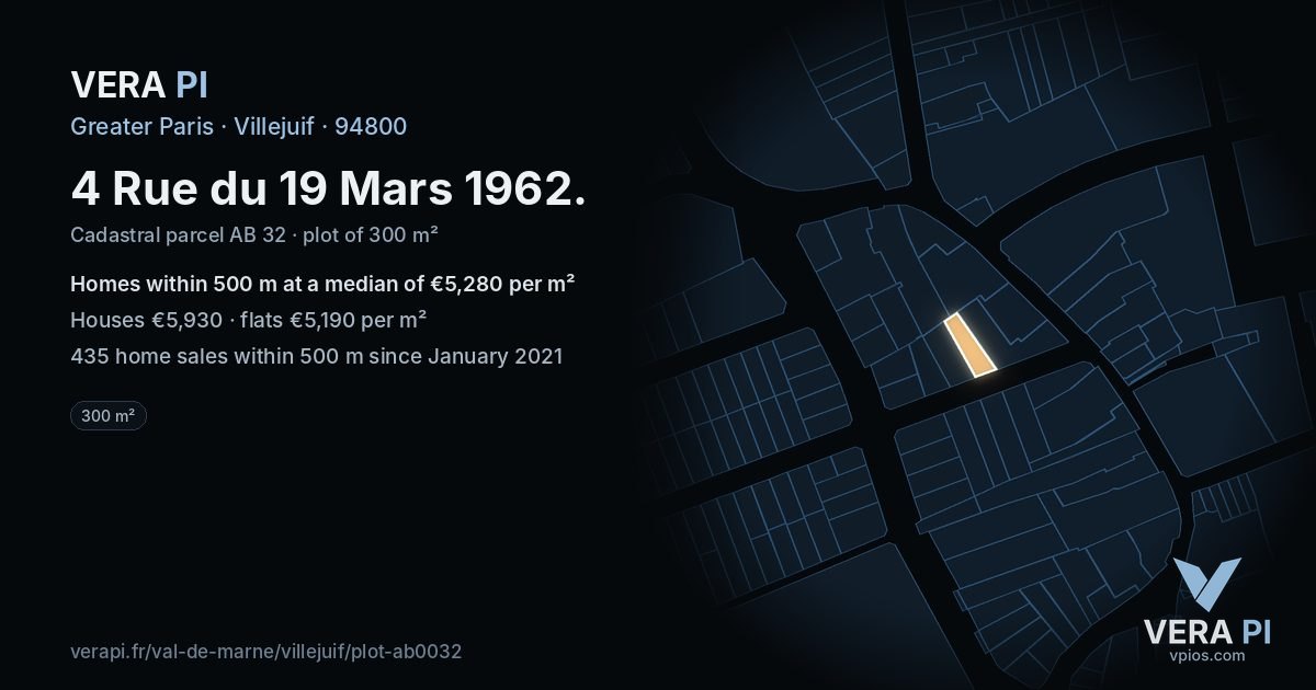 4 Rue du 19 Mars 1962, Villejuif at night – the plot lit, the parcels around coloured by the prices near them
