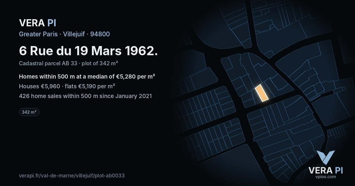 6 Rue du 19 Mars 1962, Villejuif at night – the plot lit, the parcels around coloured by the prices near them