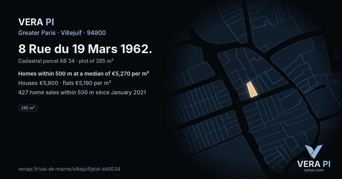 8 Rue du 19 Mars 1962, Villejuif at night – the plot lit, the parcels around coloured by the prices near them