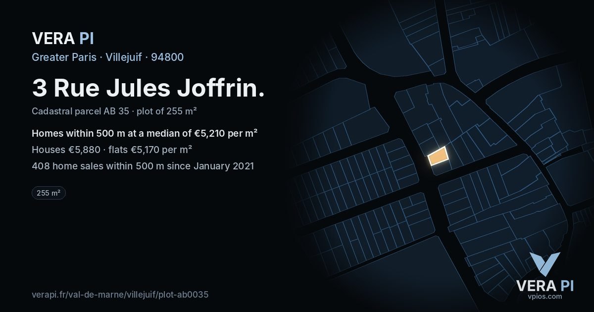 3 Rue Jules Joffrin, Villejuif at night – the plot lit, the parcels around coloured by the prices near them