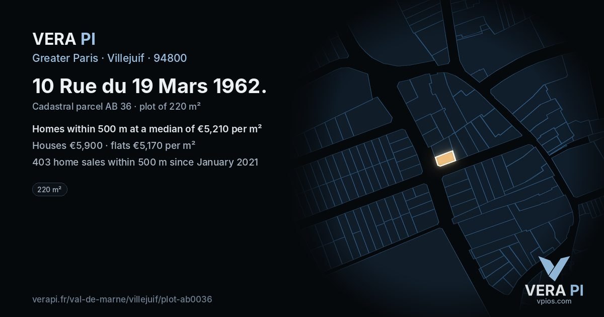 10 Rue du 19 Mars 1962, Villejuif at night – the plot lit, the parcels around coloured by the prices near them