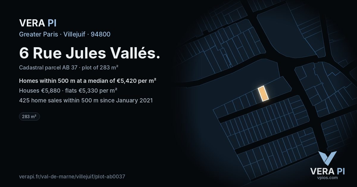 6 Rue Jules Vallés, Villejuif at night – the plot lit, the parcels around coloured by the prices near them