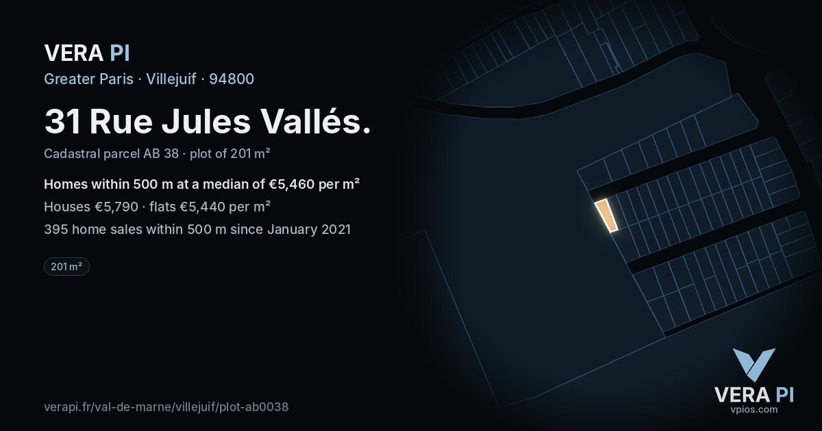 31 Rue Jules Vallés, Villejuif at night – the plot lit, the parcels around coloured by the prices near them