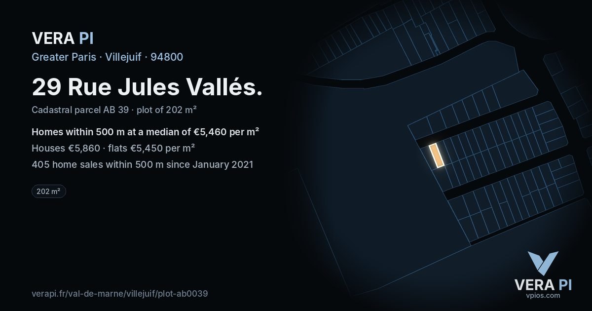 29 Rue Jules Vallés, Villejuif at night – the plot lit, the parcels around coloured by the prices near them