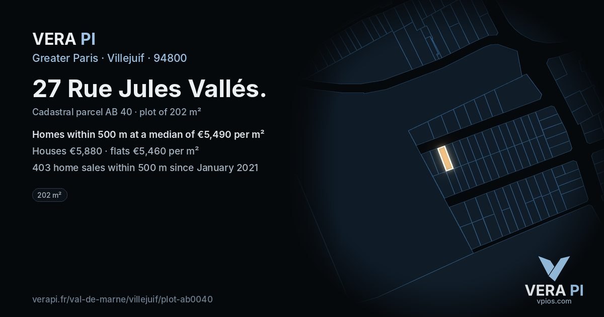 27 Rue Jules Vallés, Villejuif at night – the plot lit, the parcels around coloured by the prices near them