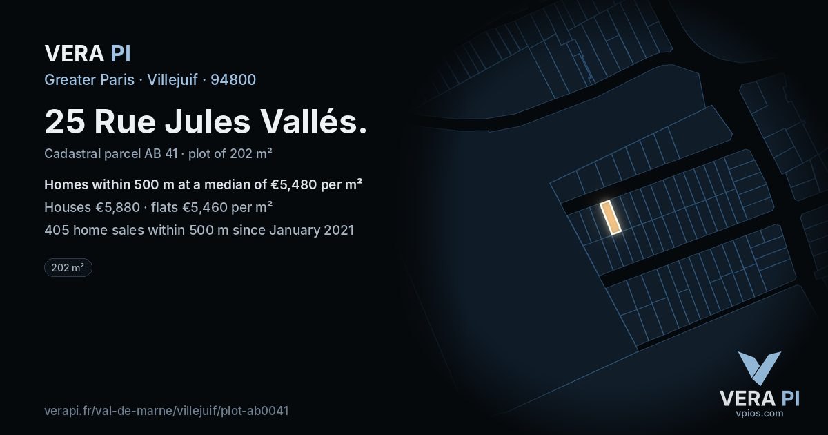 25 Rue Jules Vallés, Villejuif at night – the plot lit, the parcels around coloured by the prices near them