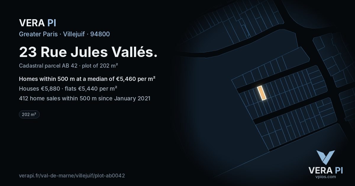 23 Rue Jules Vallés, Villejuif at night – the plot lit, the parcels around coloured by the prices near them