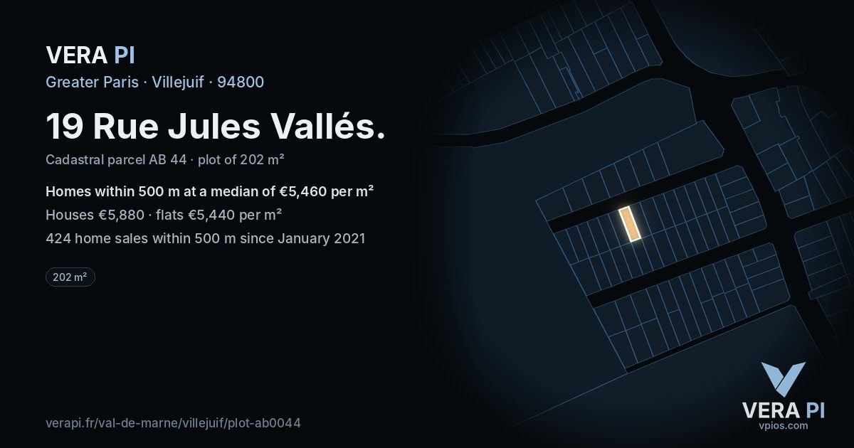 19 Rue Jules Vallés, Villejuif at night – the plot lit, the parcels around coloured by the prices near them