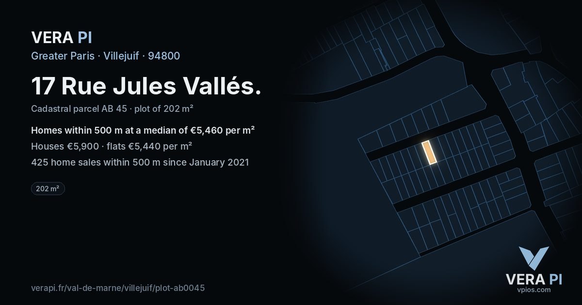 17 Rue Jules Vallés, Villejuif at night – the plot lit, the parcels around coloured by the prices near them