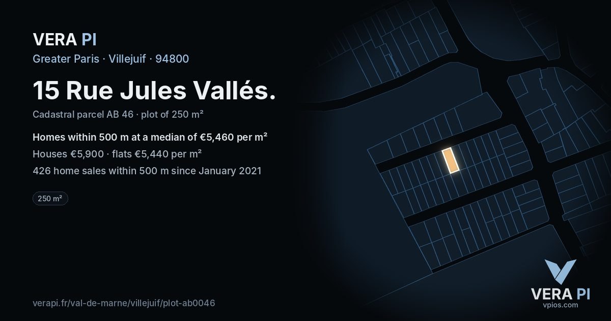 15 Rue Jules Vallés, Villejuif at night – the plot lit, the parcels around coloured by the prices near them