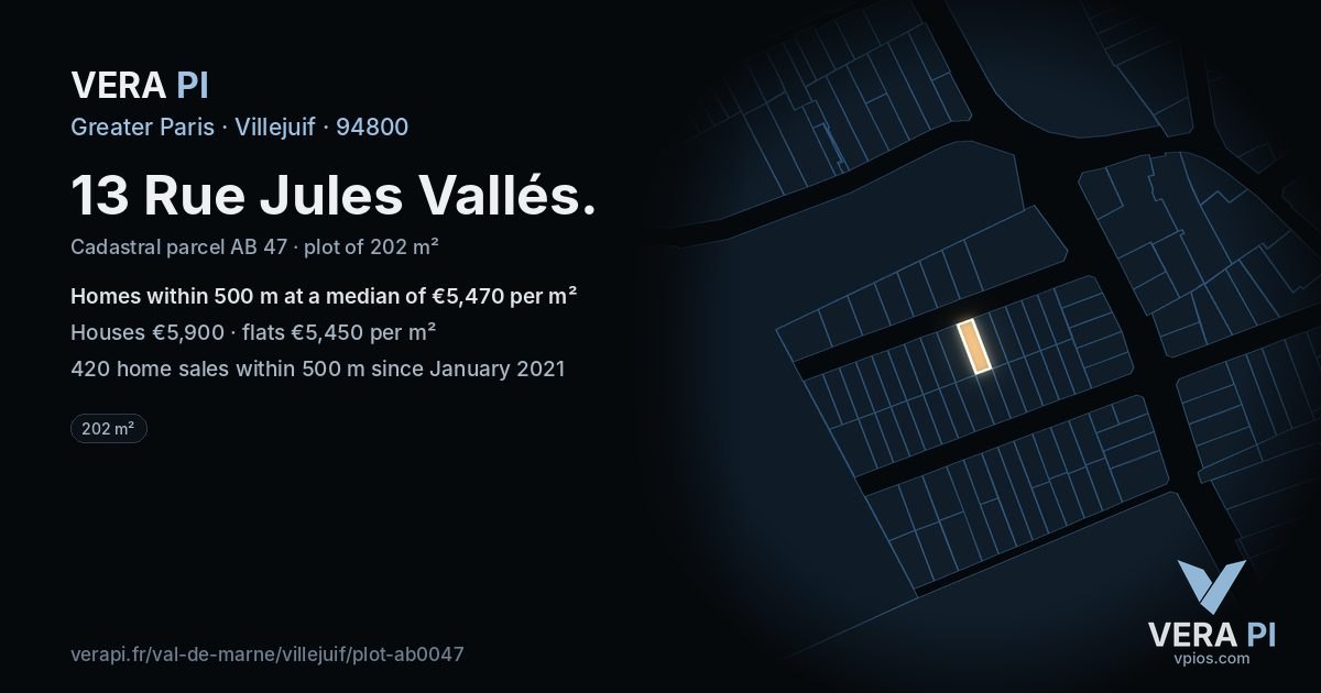13 Rue Jules Vallés, Villejuif at night – the plot lit, the parcels around coloured by the prices near them