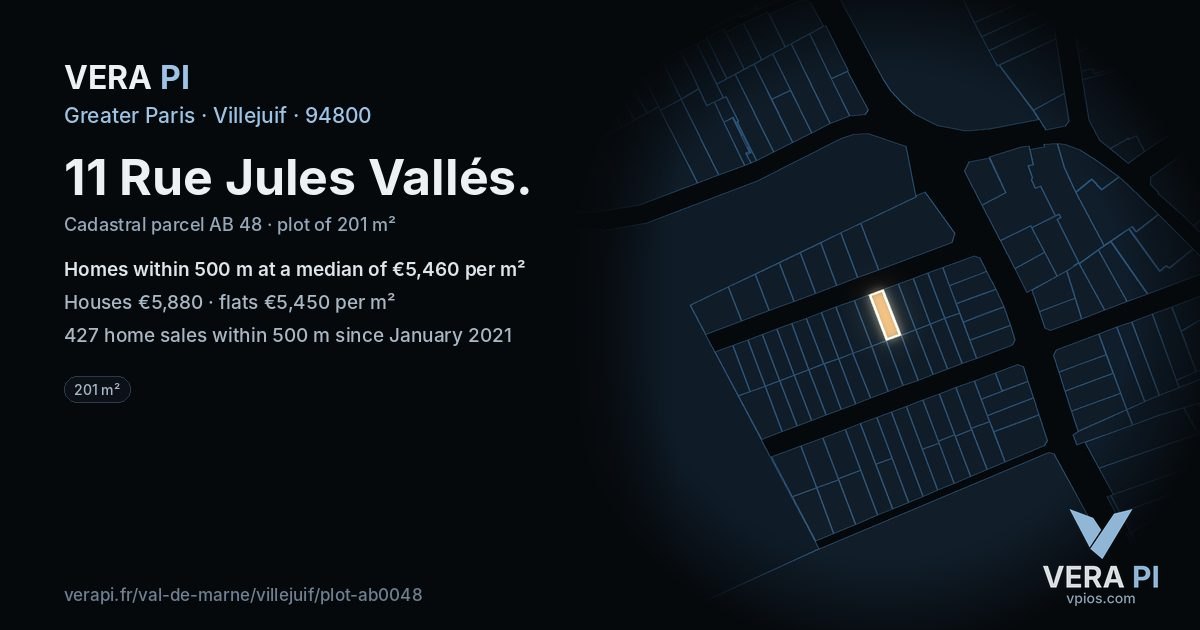 11 Rue Jules Vallés, Villejuif at night – the plot lit, the parcels around coloured by the prices near them