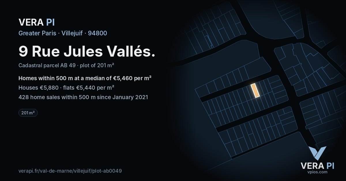 9 Rue Jules Vallés, Villejuif at night – the plot lit, the parcels around coloured by the prices near them