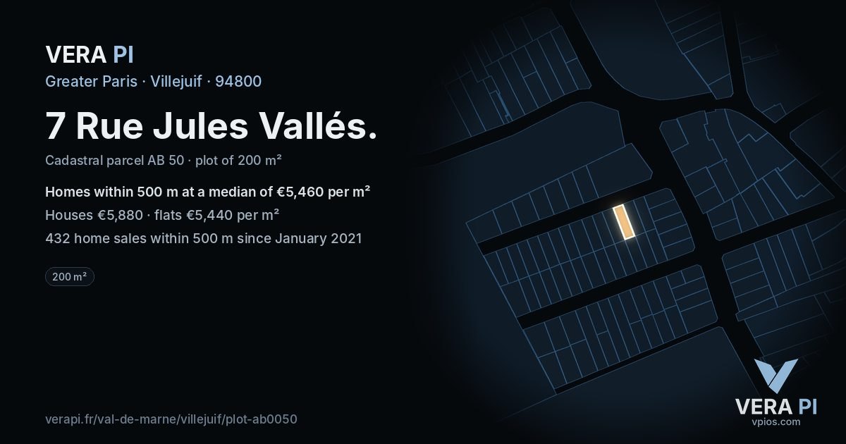 7 Rue Jules Vallés, Villejuif at night – the plot lit, the parcels around coloured by the prices near them