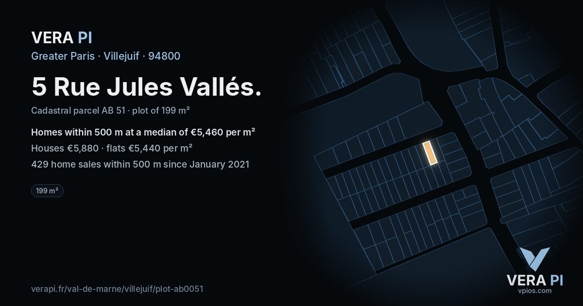 5 Rue Jules Vallés, Villejuif at night – the plot lit, the parcels around coloured by the prices near them