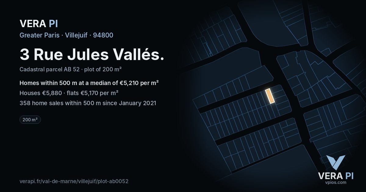 3 Rue Jules Vallés, Villejuif at night – the plot lit, the parcels around coloured by the prices near them