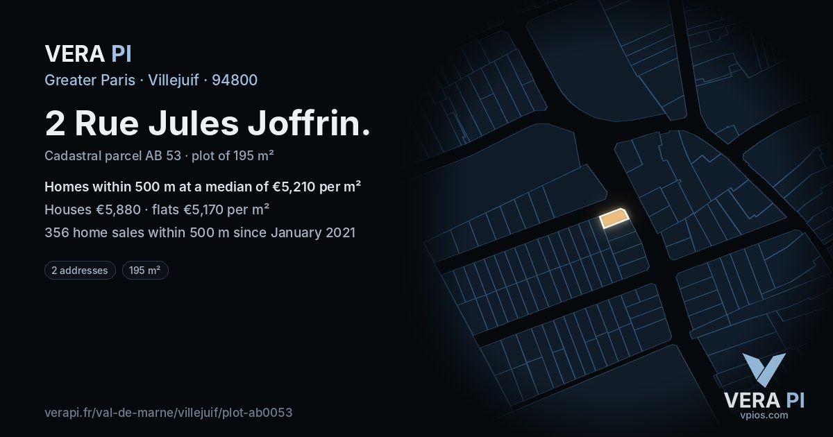 2 Rue Jules Joffrin, Villejuif at night – the plot lit, the parcels around coloured by the prices near them